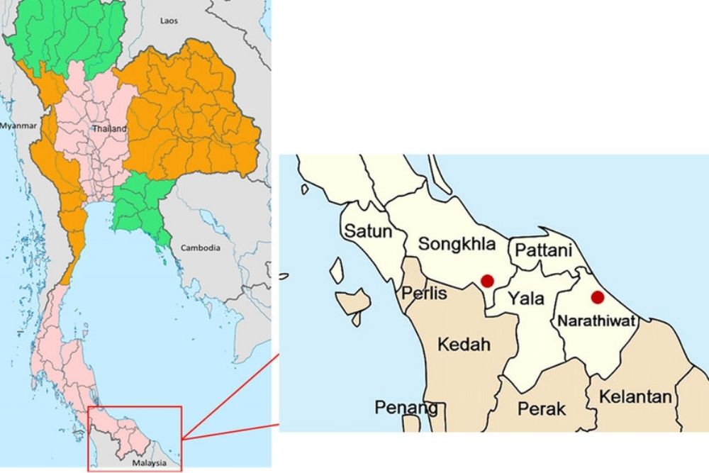 carte du sud de la Thaïlande à la frontière avec la Malaisie