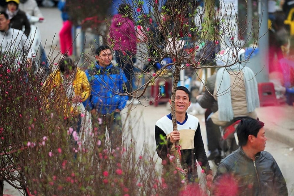 les vietnamiens achètent des fleurs de pêcher pendant le Têt